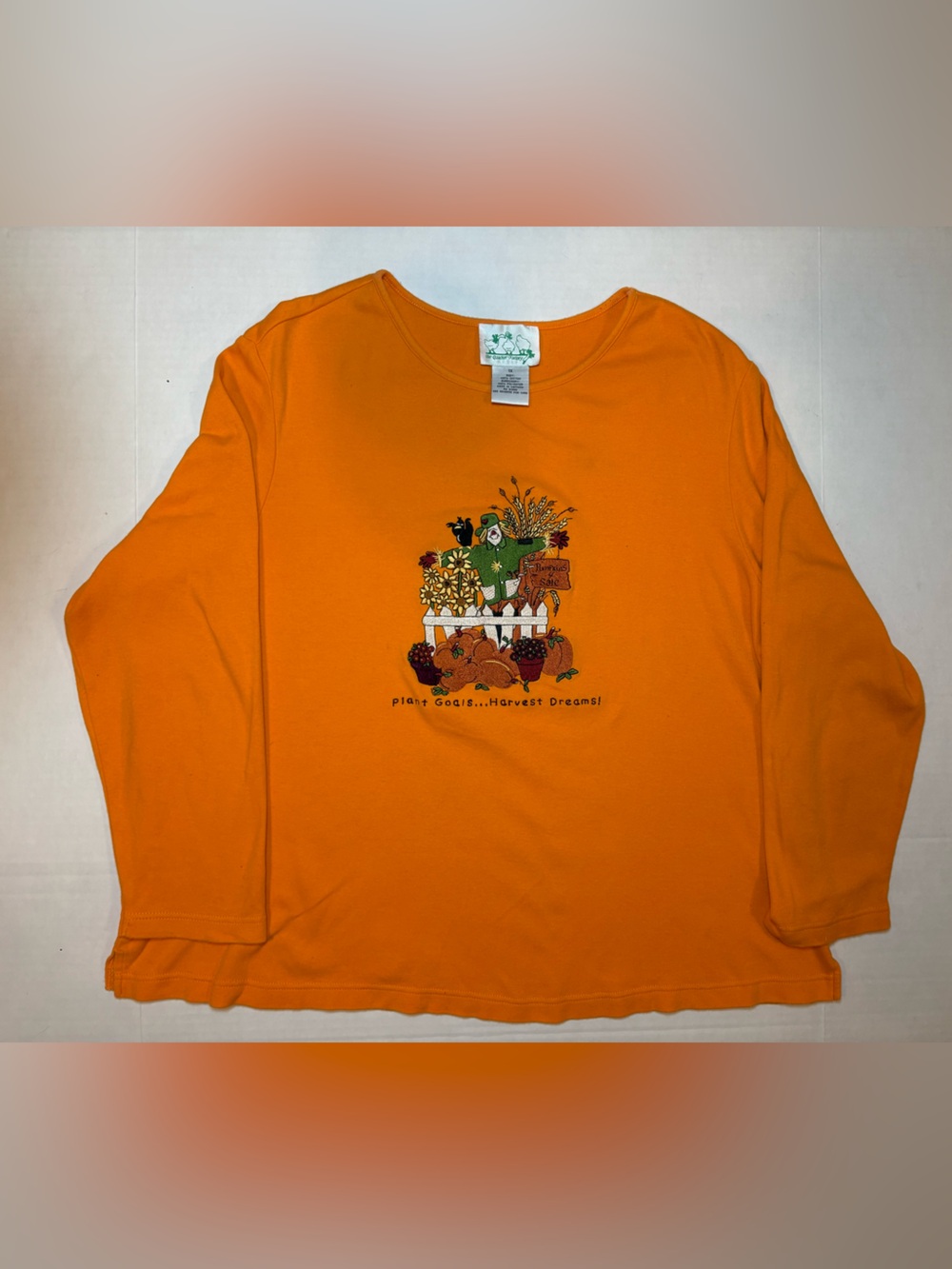 Quacker Factory Orange 100% Cotton Long Sleeve T-shirt Harvest Pumpkins Size 1X
